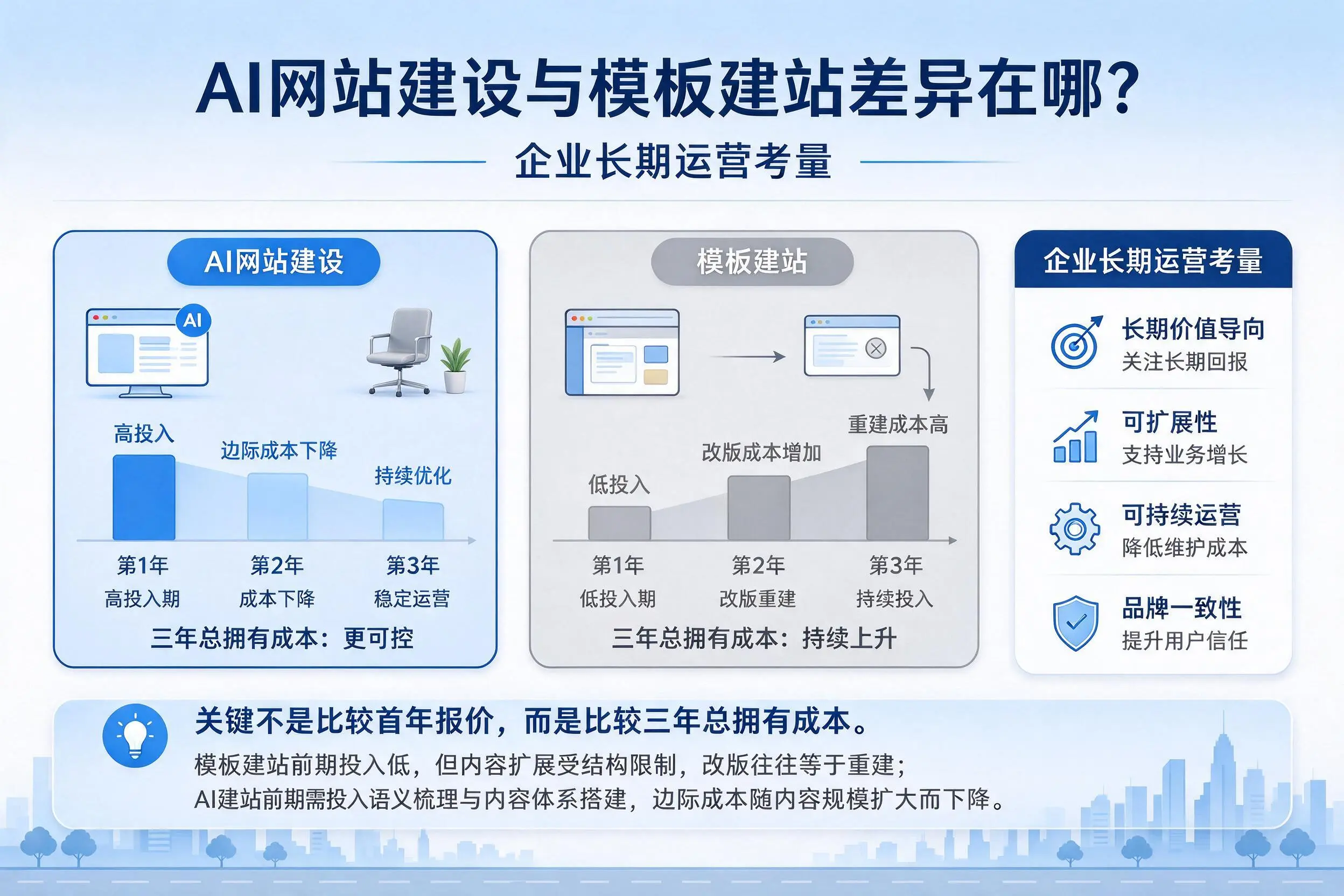 AI网站建设与模板建站差异在哪？六安企业长期运营考量